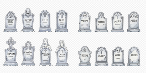 Fototapeta premium Set of various old and weathered Halloween gravestones and tombstones for cemetery decoration.