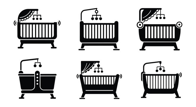 Baby crib icons set black silhouette on white background