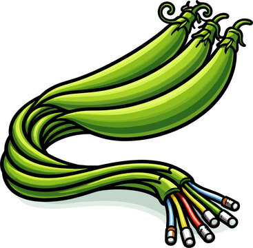 A surreal image depicting vibrant green bean pods intricately woven together with colorful electrical wires and cables, symbolizing the convergence of organic growth and technological advancement.