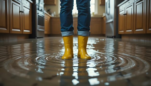 Person wearing bright yellow rain boots standing in the middle of a wet kitchen floor with concentric water ripples, capturing a moment after a spill or flooding.