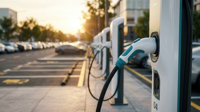 Electric vehicle charging station featuring multiple EV plugs and cables for sustainable transportation.