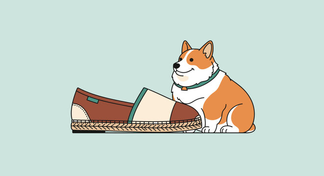 Adorable Corgi Dog with Stylish Espadrille Shoe Illustration.