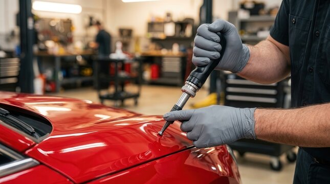 Professional mechanic using special tools to remove a dent from a red automobile body panel.