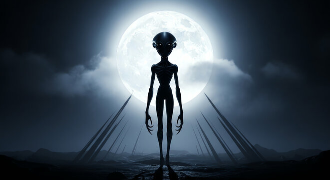 Alien Silhouette Against Full Moon and Mysterious Landscape