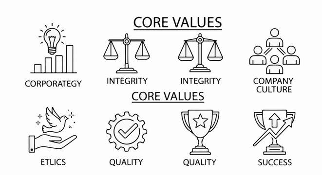 Icons representing business core values like strategy, integrity, and culture