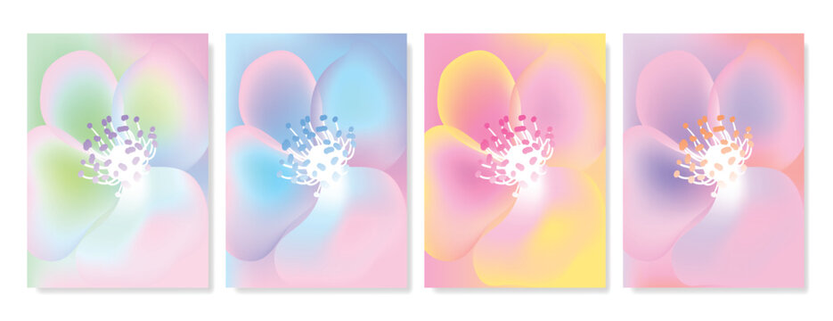 Modern gradient poster background vector set. Minimalist poster summer and spring cover template with green geometric, heart, flower, butterfly. Ideal design for social media, banner, card, ads.