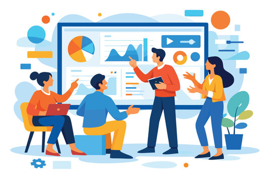Business team communicating and collaborating around digital screen with charts and abstract interface