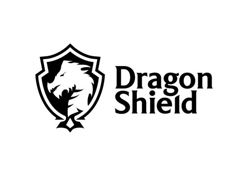 Dragon Shield Logo Minimal Heraldic Emblem Strong Security Badge Symbol Black White Design
