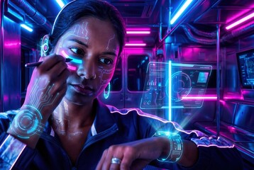 Obraz premium Woman interacting with a holographic display projected from a wearable device in a futuristic setting