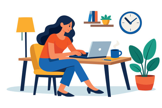 Female professional working from home using laptop with coffee in cozy workspace