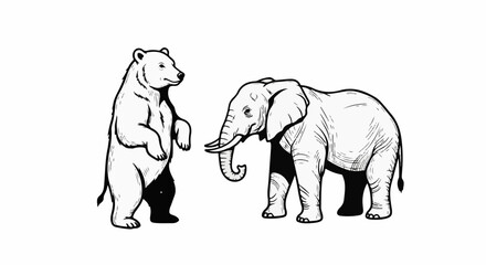 Fototapeta premium Two animals, a bear standing and an elephant, are facing each other