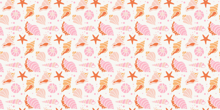 Delicate pink pattern with seashells and starfish. Marine fabric swatch, vector ornament in retro style