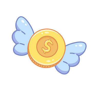 Flying coin with wings, money flying away. Adorable cartoon icon for spending, budgeting, or playful finance themes. Isolated on white