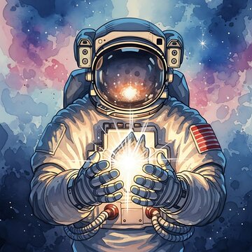 Astronaut Holding Glowing Object in Space Suit.