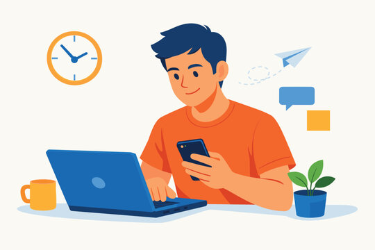 Remote worker multitasking using laptop and smartphone for communication and productivity