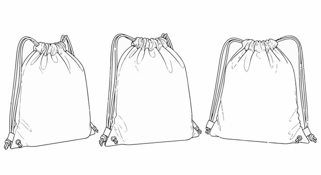 Three simple black and white outlines of drawstring bags from different angles