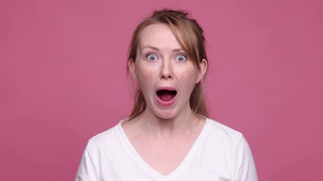 Diverse people showing surprised facial expressions in studio portrait stop motion animation. Concept of reaction emotion communication shock response and social media content creation.