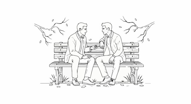 Two men in suits converse on a wooden park bench under bare branches