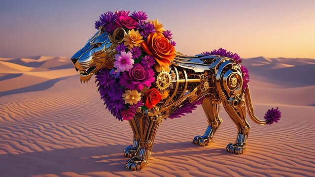 Mechanical clockwork lion covered in purple and yellow roses
