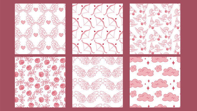 Set of vintage patterns for Valentine's Day or gifts for lovers. Repeating tiles with wings, hearts, roses, and doves in the Rococo style