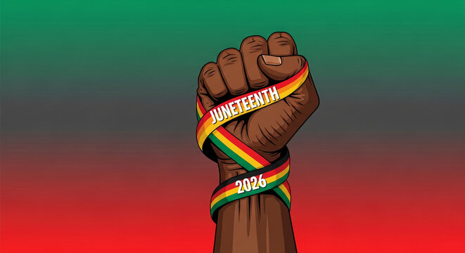 Fist wrapped in ribbon with text "JUNETEENTH" and "2026" on a green to red gradient background, symbolizing freedom and celebration