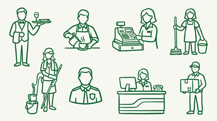 Fototapeta premium Collection of line art icons representing various service industry professions and roles.