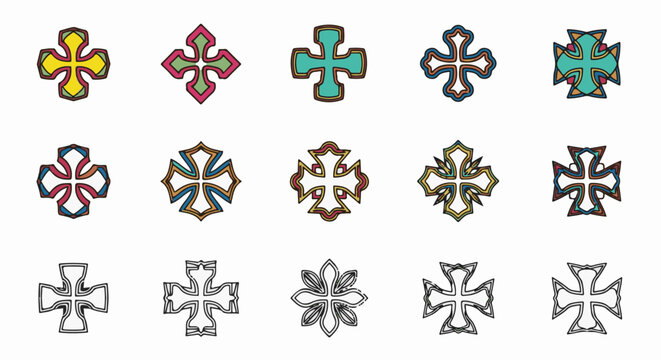 Collection of stylized Christian crosses in various colors and designs