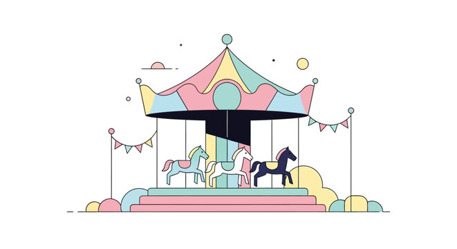 Pastel-colored vector illustration of a carousel with horses, flags and a tent roof, presented in a clean, minimalist style against a white background, evoking a lighthearted mood