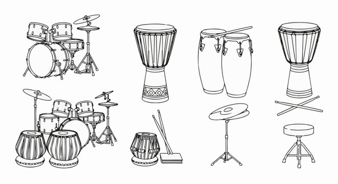 Collection of various percussion instruments including drum kits, bongos, and tabla drums