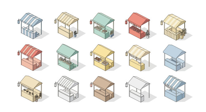 Isometric illustration showcasing a vibrant array of market stalls, each featuring a different colored canopy, set against a clean white background, evoking a lively summer festival