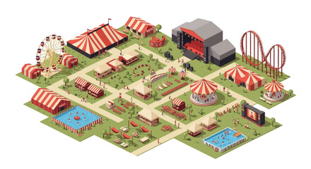 Naklejka premium Isometric aerial view of a summer festival grounds featuring tents, a Ferris wheel, and a concert stage, rendered in a low-poly style against a light background, creating a vibrant