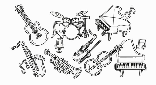 Diverse collection of musical instruments and symbols, rendered in a simple outline style