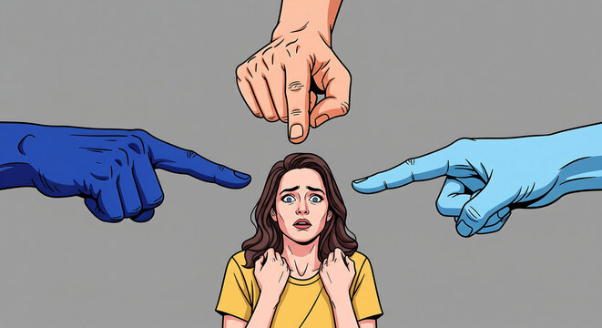A woman experiences bullying as three accusatory hands point at her in concern.