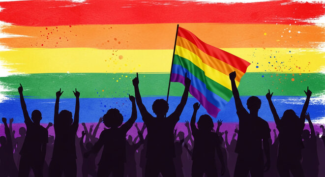 Silhouettes of people raising hands with a rainbow flag, symbolizing pride, celebration, and community, representative of LGBTQ+ rights and freedom.