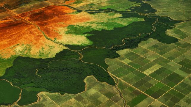 Aerial view of diverse landscapes featuring lush green forests, agricultural fields, and arid terrain, showcasing the contrast in land use and biodiversity.