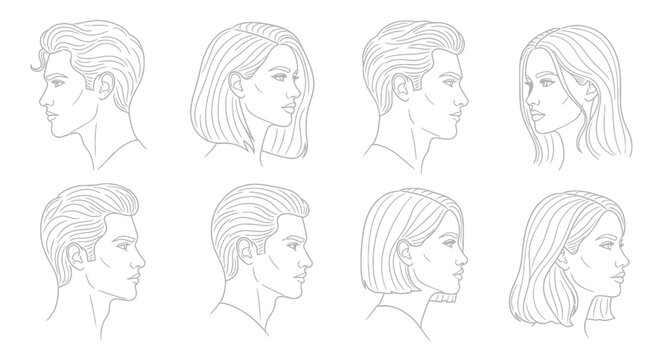 Collection of male and female profile line art illustrations with various hairstyles.