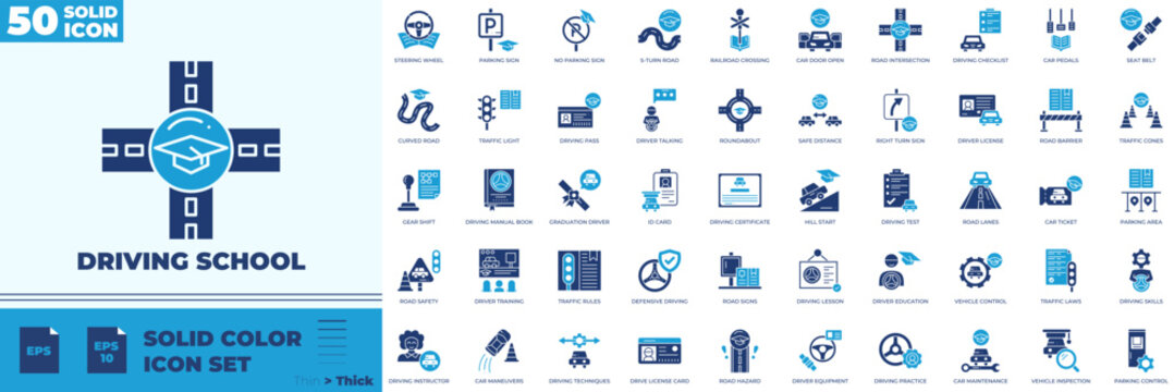 Driving School Solid Color Editable Icons set