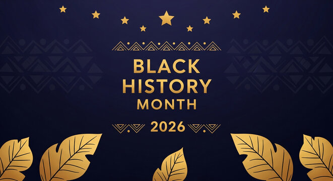 Golden text on dark blue background with abstract pattern, stars, and leaves, signifying Black History Month celebration and heritage.
