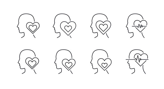 Line art illustrations of eight human heads in profile with hearts in their brains on a white background representing love and connection.
