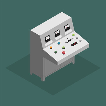 Isometric industrial control desk panel vector illustration. Factory automation console with analog gauges, colorful push-buttons, and digital LED display