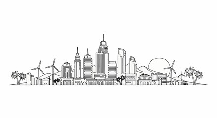 Fototapeta premium Stylized skyline with wind turbines, palm trees, and sun
