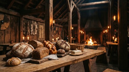 Fototapeta premium Rustic breads and butter served on long wooden banquet table