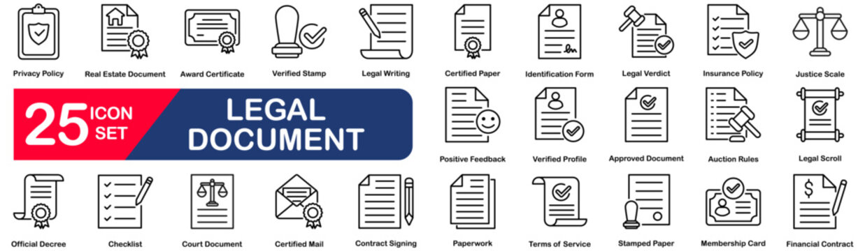 Legal documents icon set in line style. certificate, licence, contract, diploma, signature, stamp, agreements, visa, passport Editable line icons. Vector illustration.