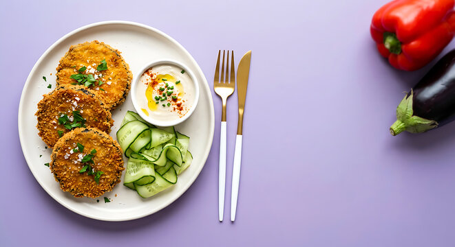Crispy Vegan Eggplant Cutlets with Creamy Dip and Cucumber Ribbon Salad. Premium Flat Lay Food Photography on Minimalist Lilac Background with Copy Space.