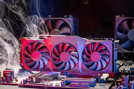 Burning graphics card with heatsink during malfunction.