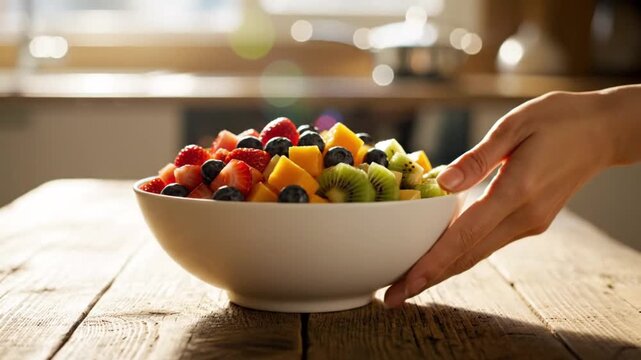 4K macro shot human hand carefully places a bowl overflowing with freshly cut strawberries, blueberries, mango chunks, and kiwi slices on wooden table. 