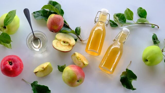 Apple cider vinegar against a background of apples. Selective focus.