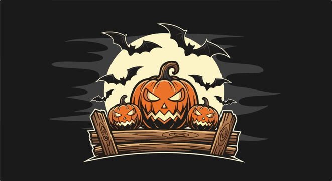 Spooky Jack-o'-lanterns and bats under a full moon on Halloween night