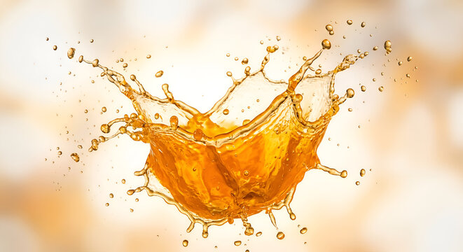 Dynamic Splash of Fresh Orange Liquid with Water Droplets on Abstract Background