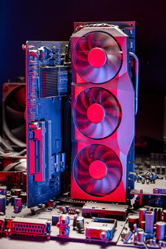 Closeup of motherboards with processor and graphics card.